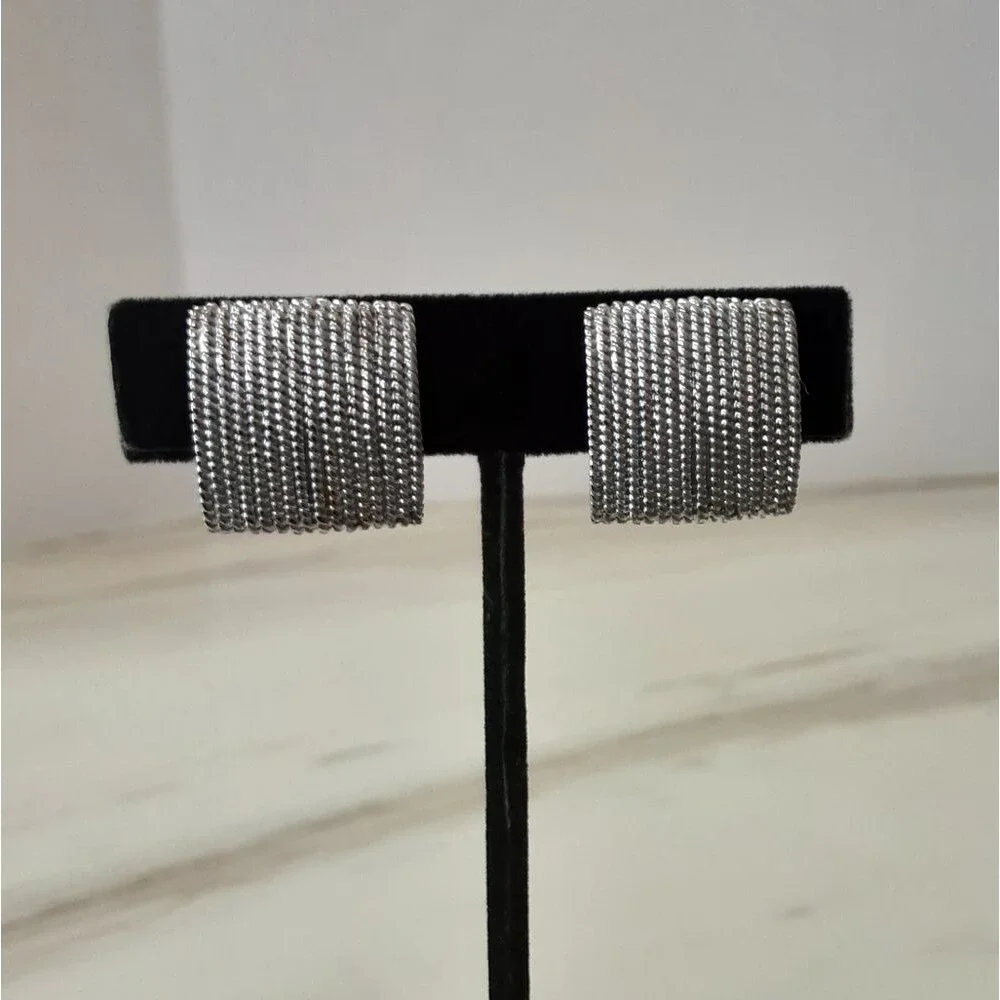 NAPIER Ribbed Silver Tone Square Screw Back Clip On Earrings
